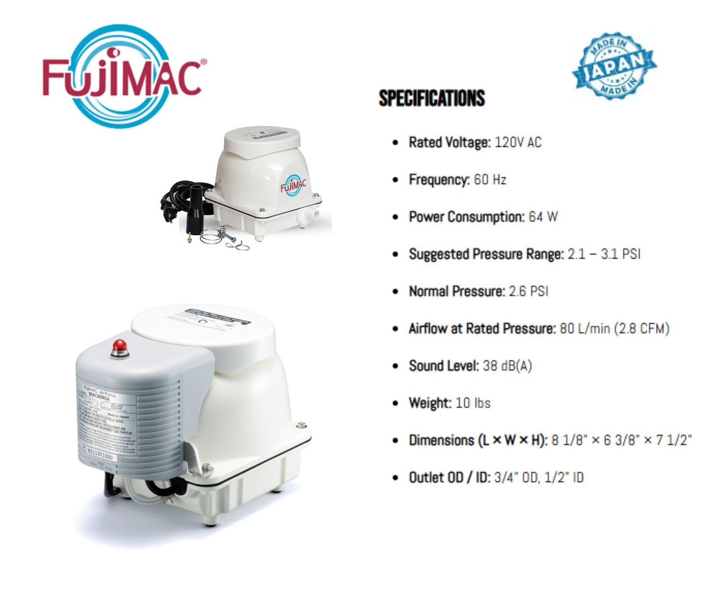 FUJIMAC 80RIIA Alarm Series Pond or Septic Air Pump | Mid-to-High Capacity Linear Diaphragm Pump for Aerobic Treatment Systems. | Quiet, Oil-Free Operation with Thermal Protection and Easy Maintenance