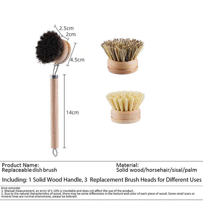SUPRNN Bamboo Dish Brush with Handle, 1 Sturdy Wooden Handle with 3 Natural Bristle Heads, Horsehair, Sisal, Palm - All Purpose Kitchen Scrubber, Bamboo Wok Brush, Fruit and Veggie Scrubber