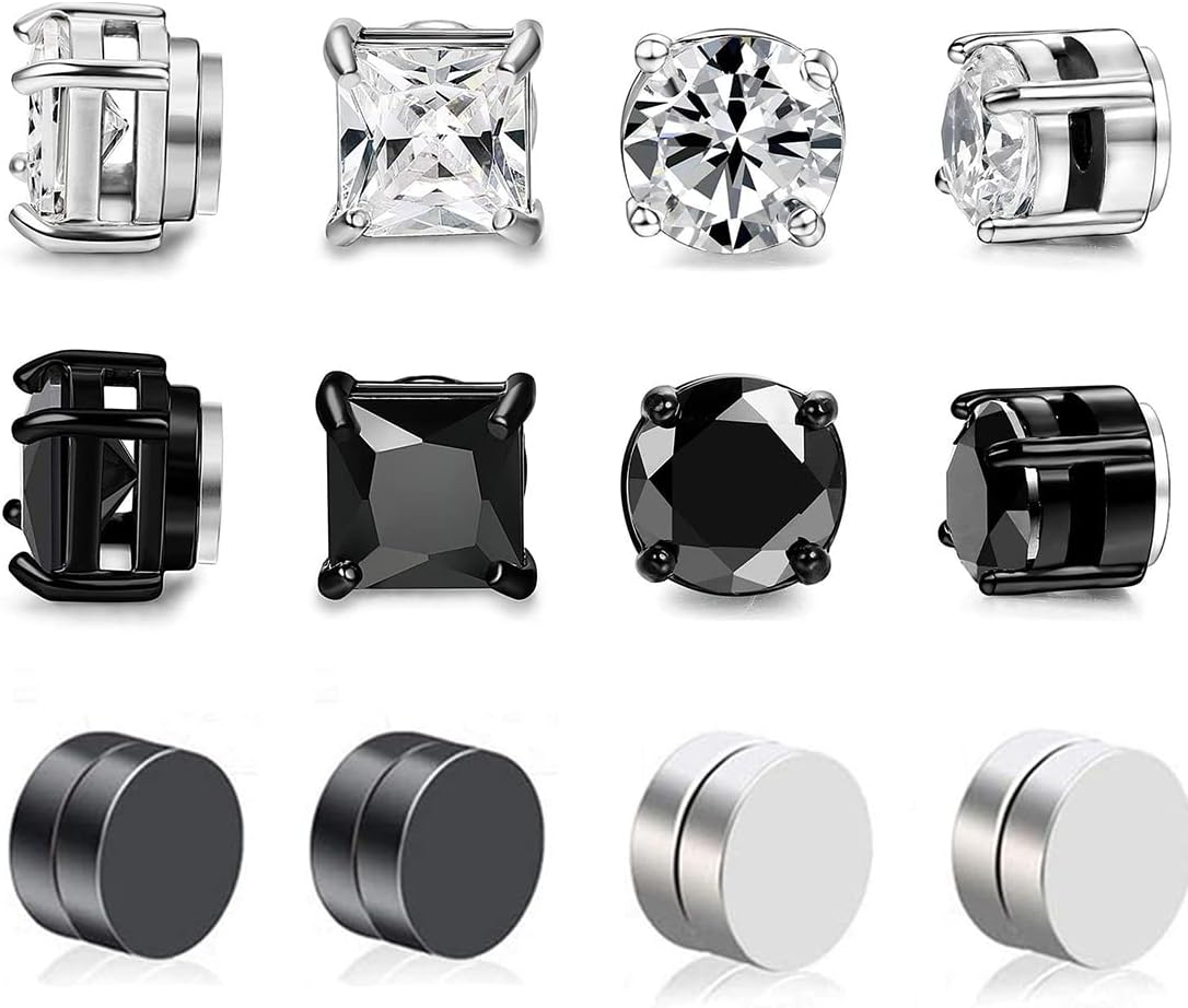 LIUJZZJ 6 Pairs Stainless Steel Magnetic Earrings for Men Women Girls Magnetic Stud Earrings Clips Tunnel Ear Clips Without Ear Hole Non Piercing Earrings Set Black Silver Tone, Stainless Steel