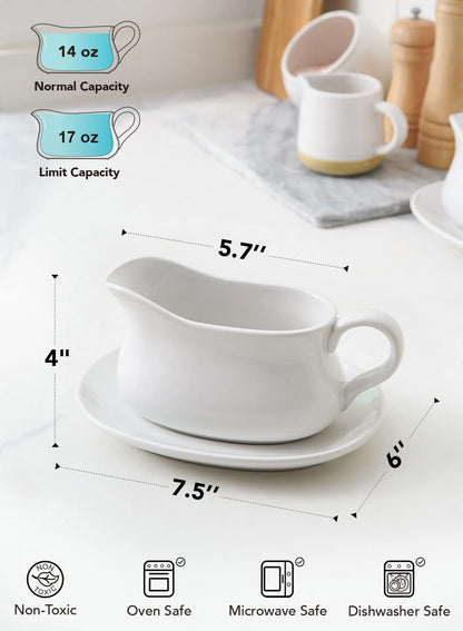 LE TAUCI 17oz Gravy Boat with Saucer Stand, Set of 1, Ceramic Sauce Boat with Tray for Salad Dressings, Creamer, Broth, Black Pepper, White