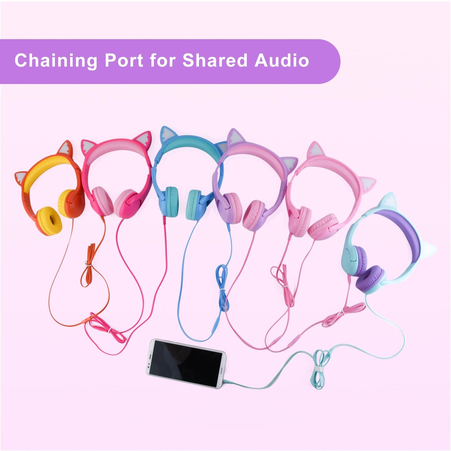 Olyre Kids Headphones, Safe 85db Volume Control Light Up Cat Ear Headphones for iPad Fire Tablet Kindle, On-Ear LED Children Headphones for School Learning Travel - Purple/Pink