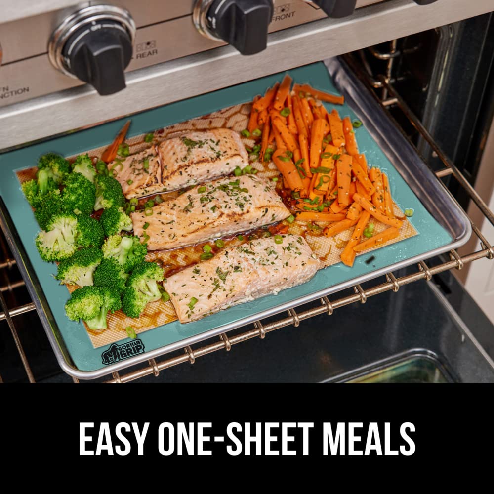GORILLA GRIP Food Grade Reusable Nonstick Silicone Baking Mat, 16.5x11.87, Half Sheet 2PK, Oven Safe Cookie Sheet Liners, Up to 500 Degrees, No Mess Easy Clean Pastry Mats, Kitchen Essentials, Mint