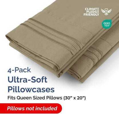 Queen Pillow Cases by [Brand Name] - Ultra Soft Hotel Quality Covers | Wrinkle-Free, Stain-Resistant - 4 Piece Set in Khaki