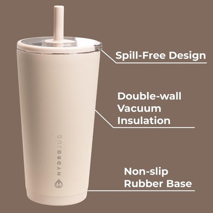 HydroJug Everyday Tumbler 20 oz – Ceramic-Lined Insulated Tumbler with Straw and Soft-Touch Lid, Cup Holder Friendly, Double-Wall Vacuum Insulation, Reusable Travel Cup – Dune