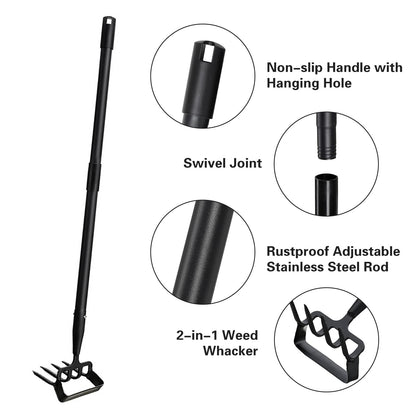 Elegital Hoe Garden Tools with Rake Tiller,30-62 inch Adjustable Long Handle Stirrup Hoe Rake,Hand Hoe/Sickle,Heavy Duty Rake Tiller for Digging,Weeding and Loosening Soil