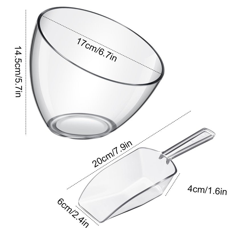 Hoolerry 8 Pcs Serving Bowls Kit Include Plastic Bowls for Parties and Popcorn Measuring Scoops Acrylic Plastic Kitchen Angled Candy Scoops for Office Canister Salad Cooking(Clear,35 oz)