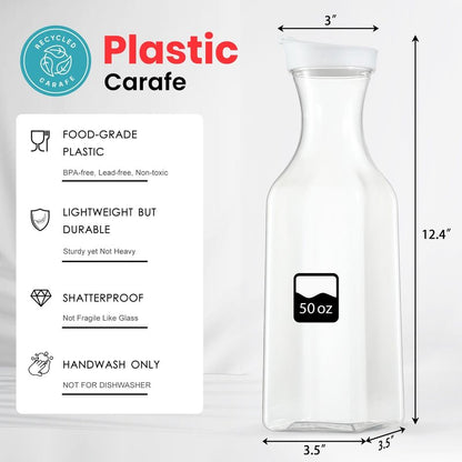 Plastic 4 Pack Large 50 Oz Water Carafe with Flip Top Lid, Square Base Juice Containers, Clear Plastic Pitcher - for Water, Iced Tea, Juice, Lemonade, Milk, Cold Brew and Mimosa Bar - HAND WASH ONLY