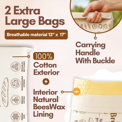 3 Pack Cotton Beeswax Bread Bags for Sourdough - 2XL Organic Reusable with Bees Wax Lining & Buckle Closure + 1 Beeswax Wrap, Wax Cloth Bread Bags & Freezer Safe, Eco-Friendly & Easy to Clean