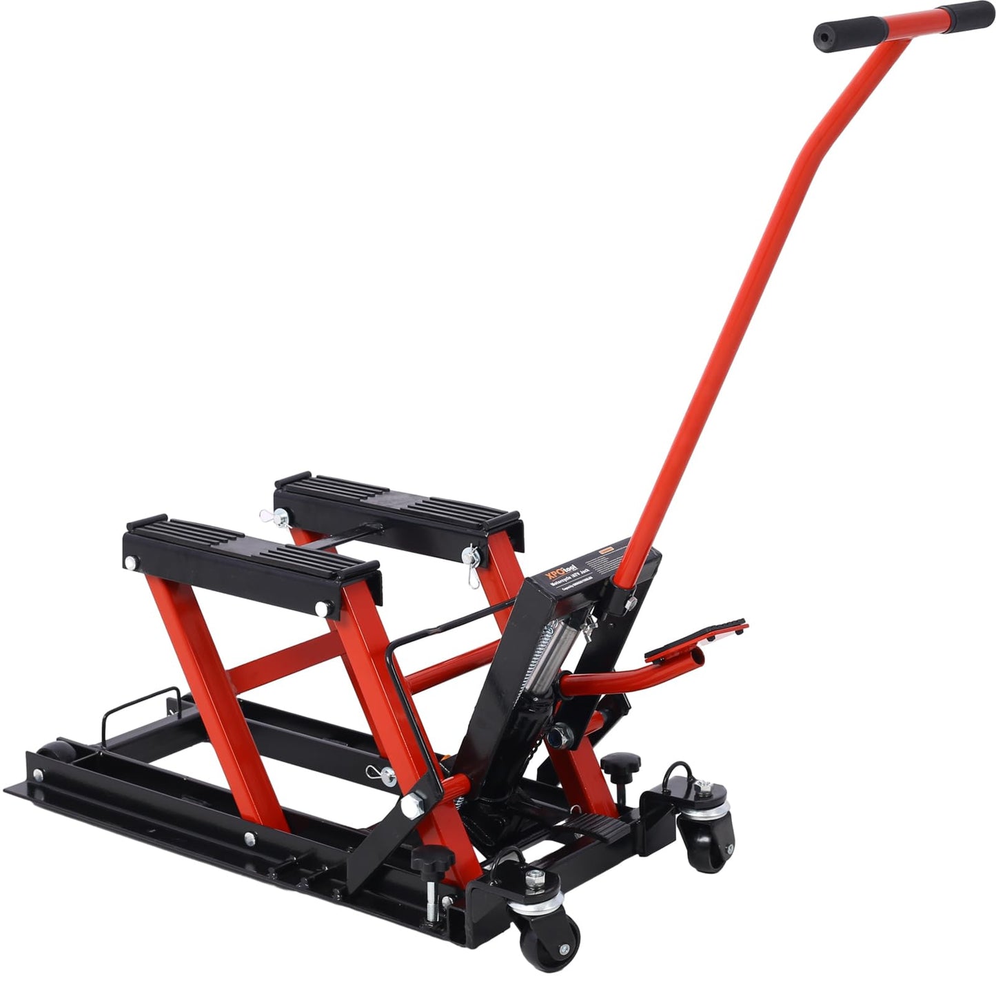 SPOFLYINN Hydraulic Motorcycle Lift Jack Foot-Operated Motorcycle Lift Table with 4 Wheels 1500 LBS Capacity 4.5" - 15" Lifting Range Black+red