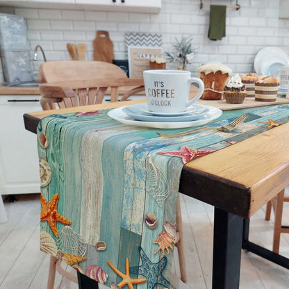 Beach Table Runner, Summer Ocean Beach Seashell Starfish Table Runner for Kitchen, Coastal Nautical Linen Non-Slip Dining Table Runners for Family Dinner/Wedding/Outdoor Indoor Party