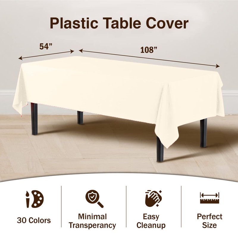 Exquisite Party Solids 6-Pack Premium Plastic Tablecloth 54in. x 108in. Rectangle Plastic Table Cover - Ivory