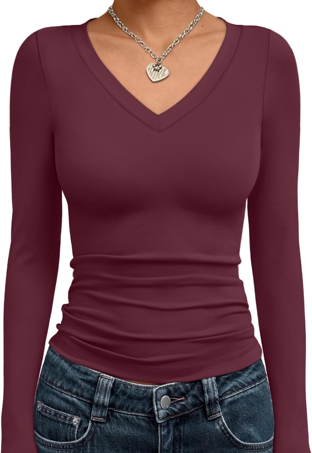 Trendy Queen Long Sleeve Shirts for Women 2025 Fall Fashion V Neck Basics Crop Tops Slim Fitted Y2K Tops Outfits Clothes