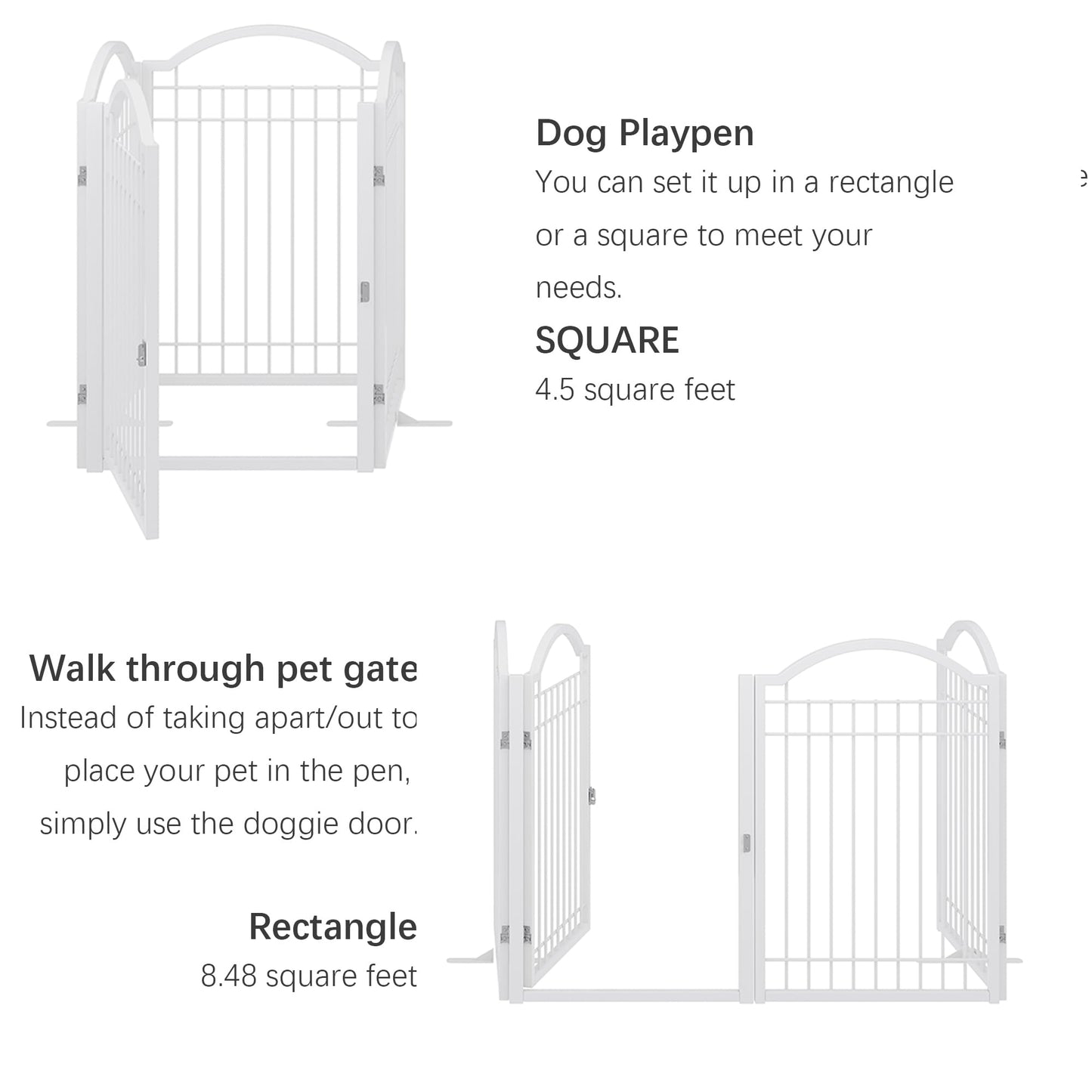 BHG Metal No-Assembly Freestanding Dog Gate with Door Walk Through, Extra Wide 96", Extra Tall 32" Pet Gate, Accordion Puppy Folding Playpen Dog Fence, with 2PCS Support (White, 4 Panels)
