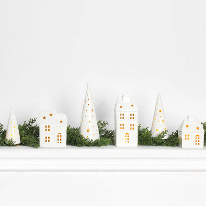 Newtay Ceramic LED Christmas Village Set - 3 Houses & 3 Trees for Festive Tabletop Decor | White Porcelain