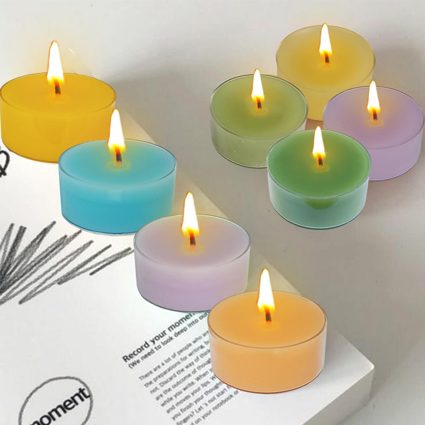 Scented Tea Light Candles 12 Pack Pastel Color Hand Poured Smokeless 4 Hours Clean Burning Small Round Clear Cups Tealight Candles for Romantic Dinners Wedding Centerpieces Cozy Evenings