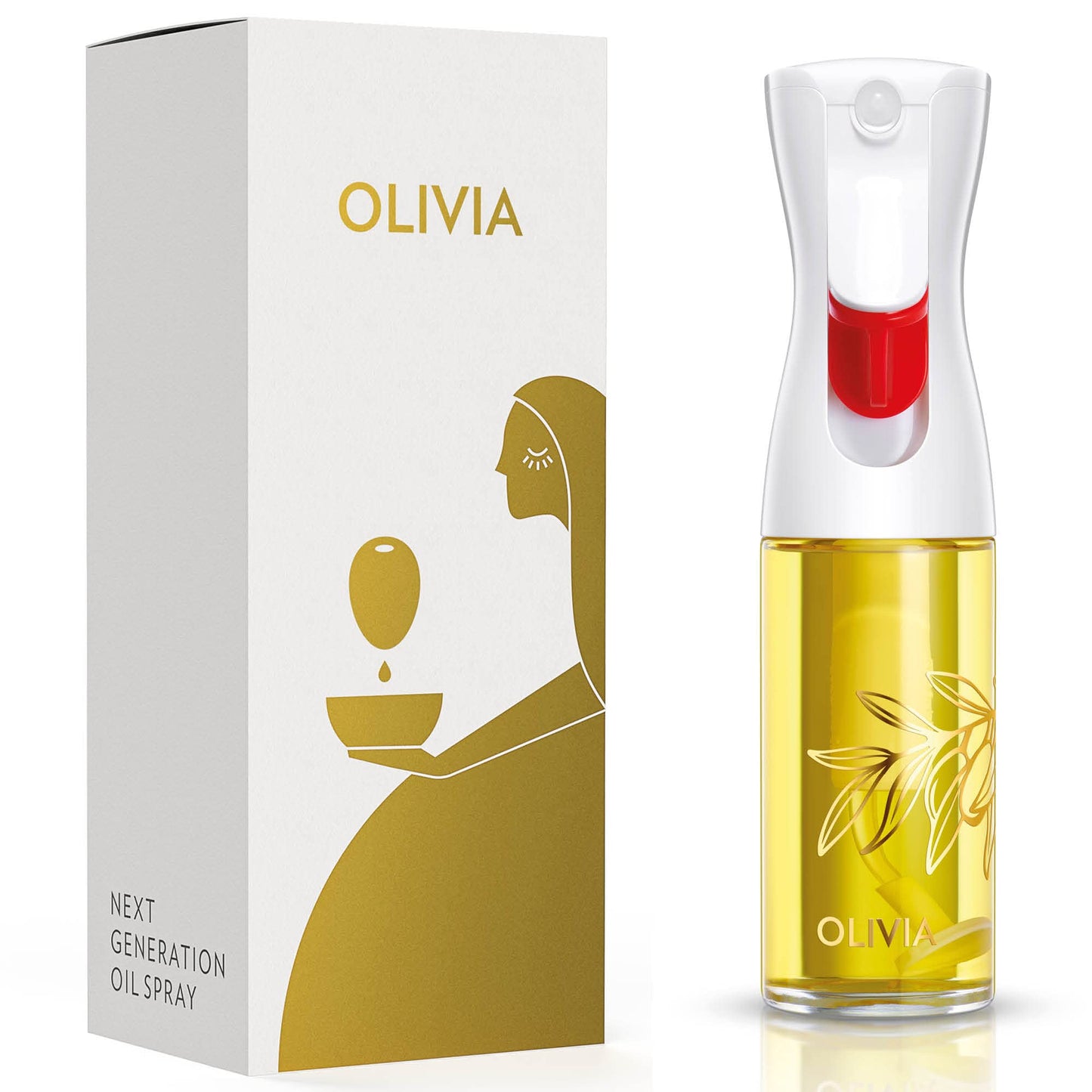 FLAIROSOL OLIVIA. The Original Advanced Oil Sprayer for Cooking, Salads, BBQs and More, Continuous Spray with Portion Control, Trusted by Chefs. Patented Technology. (Glass Bottle) (Gold Print)