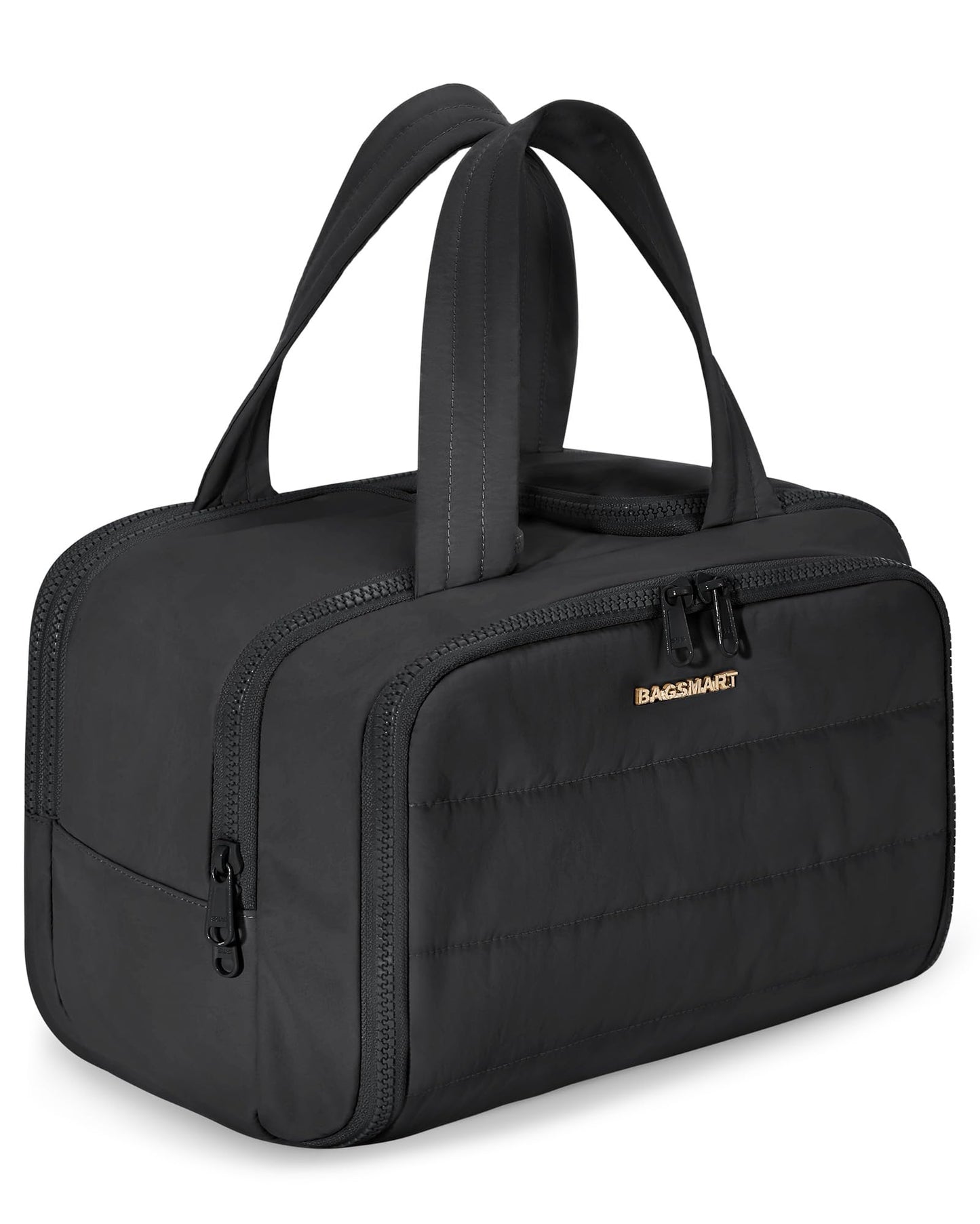 BAGSMART Travel Toiletry Bag, Lightweight Large Wide-open Travel Bag for Women, Puffy Cosmetic Makeup Bag Organizer with Handle for Accessories,Essentials, Toiletries, Black