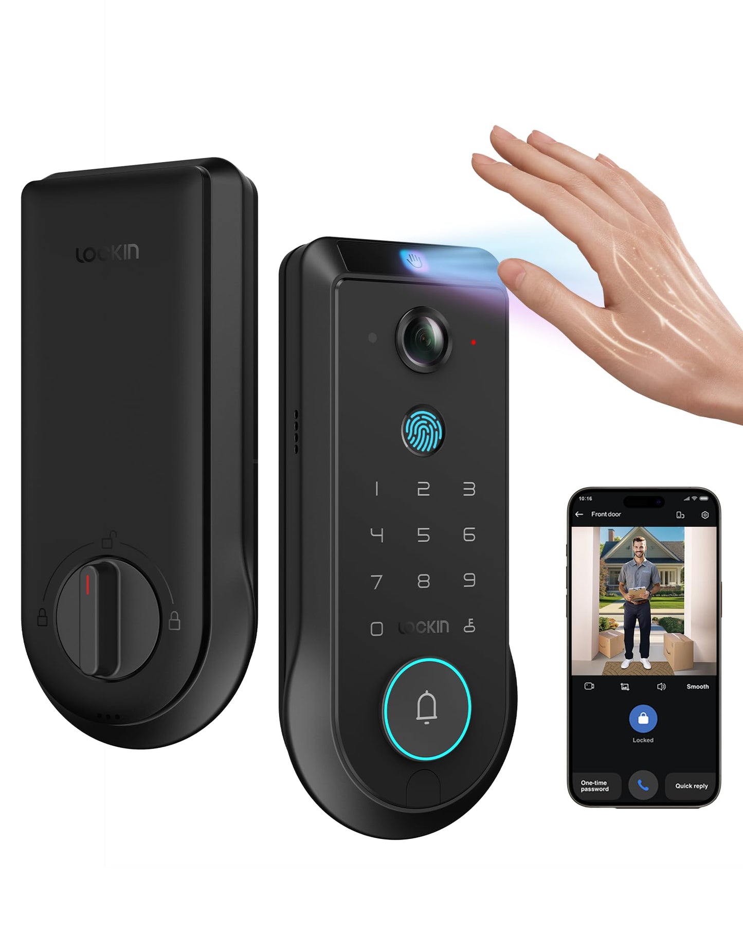 Lockin Veno Pro - All-in-One Smart Lock for Front Door - Palm Vein & Fingerprint Keyless Entry - 2K 180° Video, WiFi, Motion Sensor, 32GB Storage - No Monthly Fee