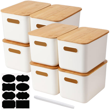 Beeveer 8 Pcs Storage Bins with Lids Plastic Storage Containers with Bamboo Lids Medicine Cabinet Organizer Handle Stackable Organizing Containers Marker 8 Stickers, 10.12 x 7.09 x 6.69 Inch