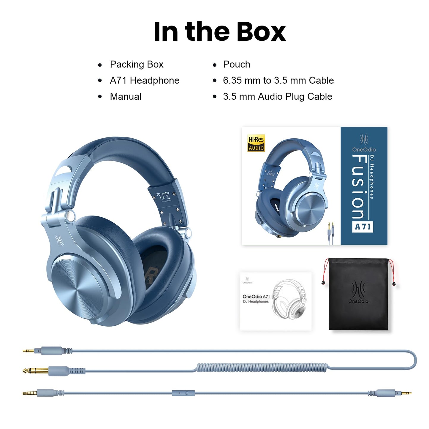 OneOdio A71 Hi-Res Studio Recording Headphones - Wired Over Ear Headphone with SharePort, Monitoring Mixing Foldable Headset with Stereo Sound, 3.5/6.35MM Jack for PC Computer DJ Guitar-Sky Blue