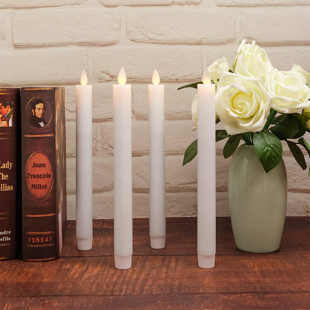 DRomance Flameless Flickering Taper Candles with 10-Key Remote and Timer Battery Operated White Real Wax LED Candlesticks Dinner Wedding Christmas Holiday Decor Candles(4 Pack, 0.78" D x 9.5" H)