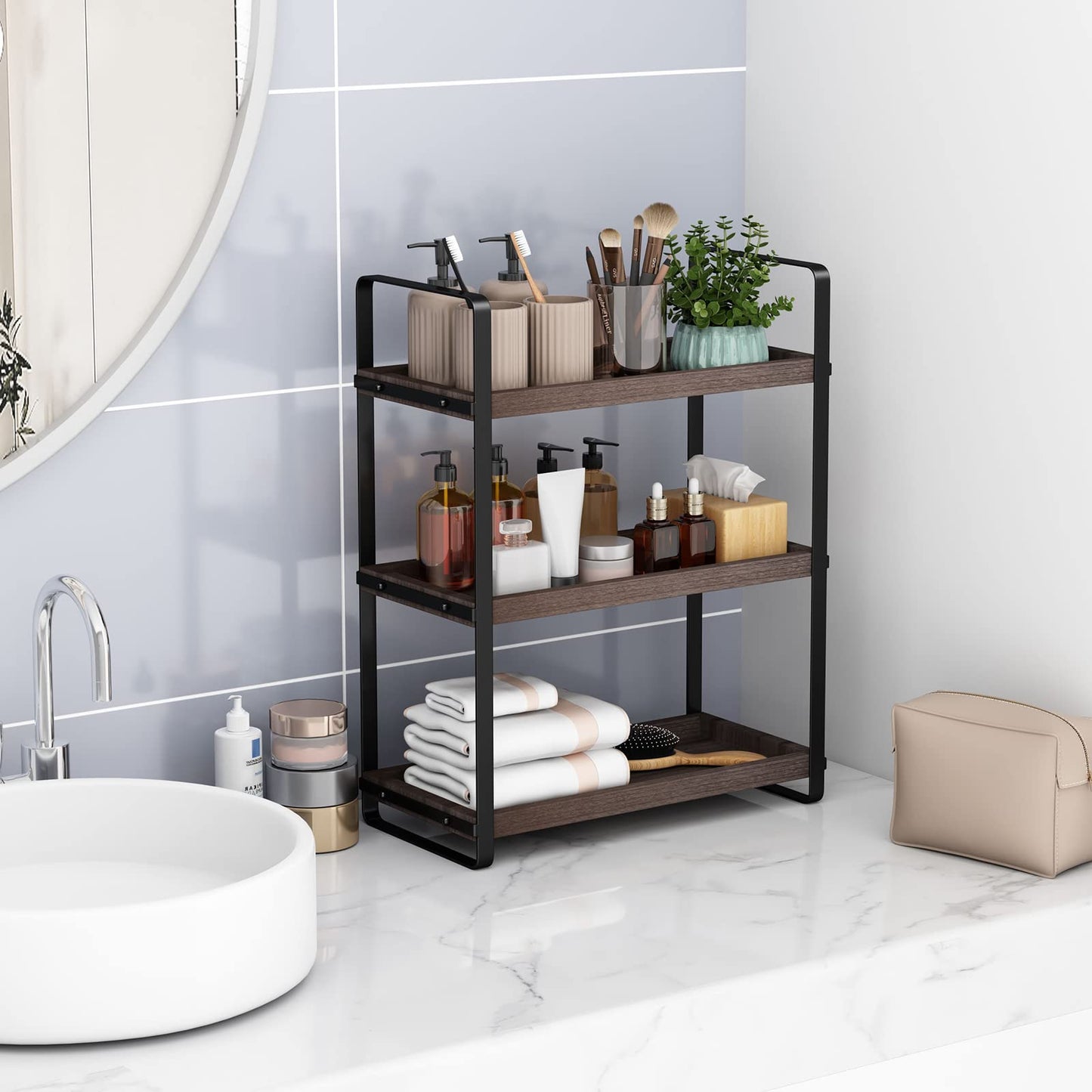 Bathroom Counter Organizer,Bathroom Countertop Organizer,Counter Shelf,Countertop Storage,Organization and Storage,Makeup Shelf,Sink Caddy(Brown 3 Tier)