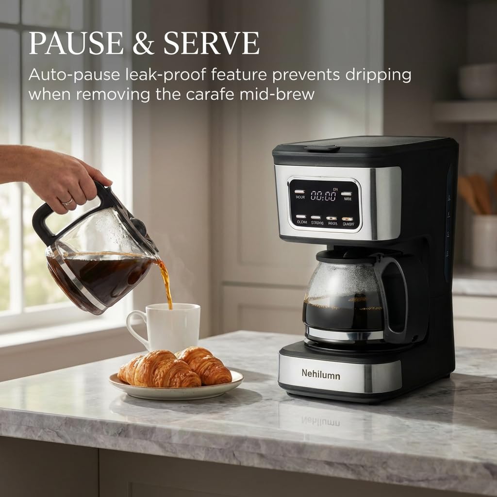 Nehilumn Single serve one cup drip coffee maker 14 oz,with personal travel cup,auto shut off function,Reusable Filter,Black and Silver