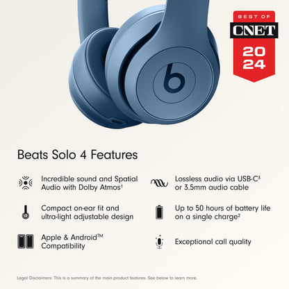 Beats Solo 4 - Wireless On-Ear Bluetooth Headphones, Up to 50-Hour Battery Life, Ultra-Lightweight Comfort, Powerful and Balanced Sound, Apple & Android Compatible - Slate Blue