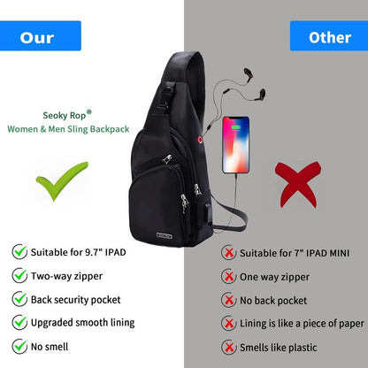 Seoky Rop Men Women Sling Backpack Nylon Water Resistant Shoulder Chest Crossbody Sling Bag with USB Charging Port Black