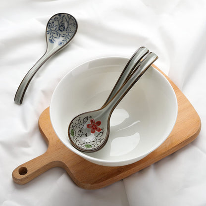 Ceramic Soup Spoons Set of 4 Porcelain Japanese Soup Spoon Long Handle Asian Soup Spoon Sets for Pho Ramen Noodles Wonton Dumpling Rice (Model 2#)