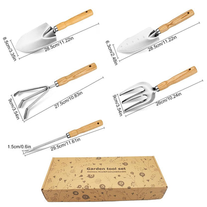 Garden Tool Set, 5 Piece Stainless Steel Gardening Hand Tools Including Graduation Shovel, Hand Rake, Transplanter, Trowel, Hand Cultivator