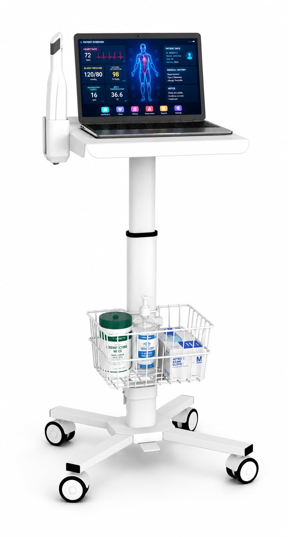 Mount Plus MB-C05 Medical Laptop Workstation Trolley Cart with Wheels, Oral Scanner Holder, Basket Storage | Height Adjustable Rolling Lab Cart with Large Tabletop for Dental Office, Hospital, Clinic