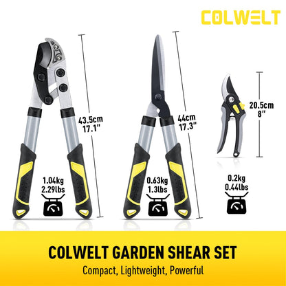 Colwelt Loppers Hedge Shears Garden Shears Set 3Pcs, Compact 17’’ Anvil Branch Cutter & Hedge Clippers & Garden Scissors, Shears Gardening Tools for Yard(Set for the bulk of light-to-moderate pruning)