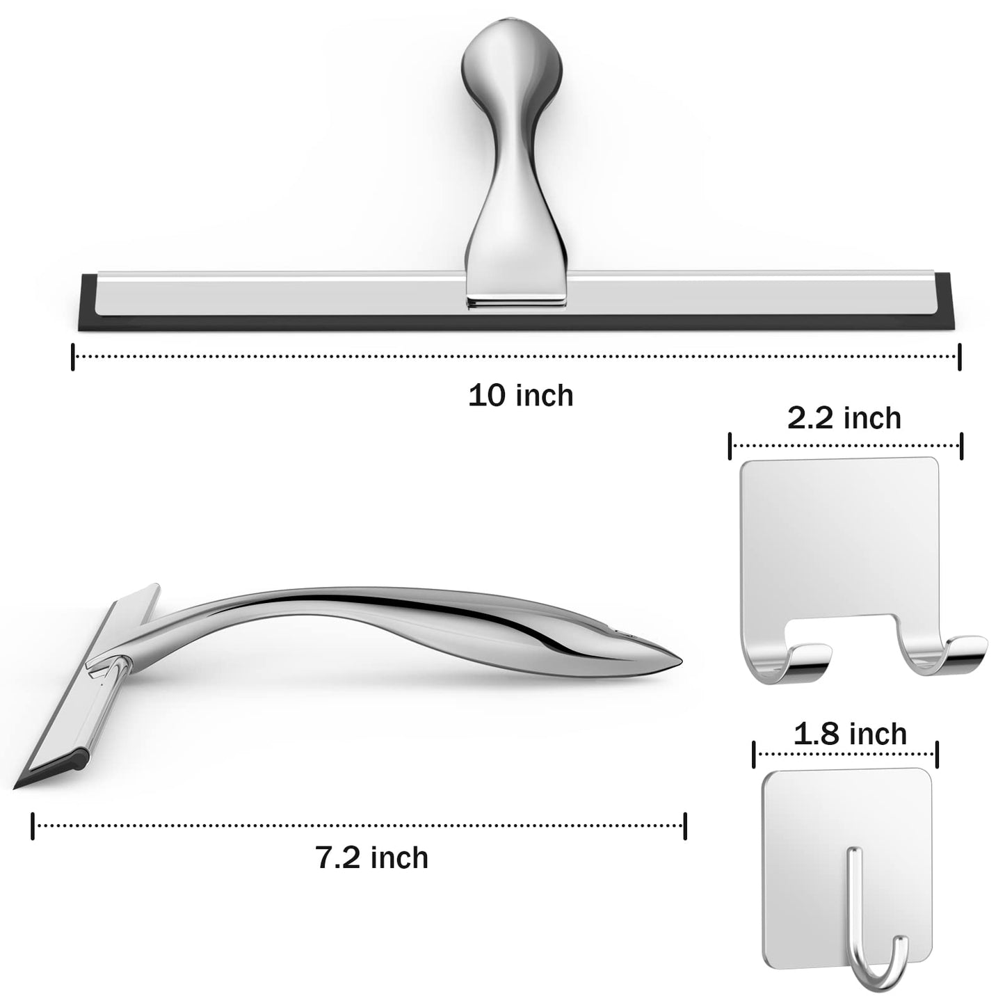All-Purpose Stainless Steel Shower Squeegee for Shower Glass Door with 2 Adhesive Hooks, Bathroom Cleaner Tool Household Window Mirror Squeegee , Cleaning Tile Wall, Car, 10 Inch Silver