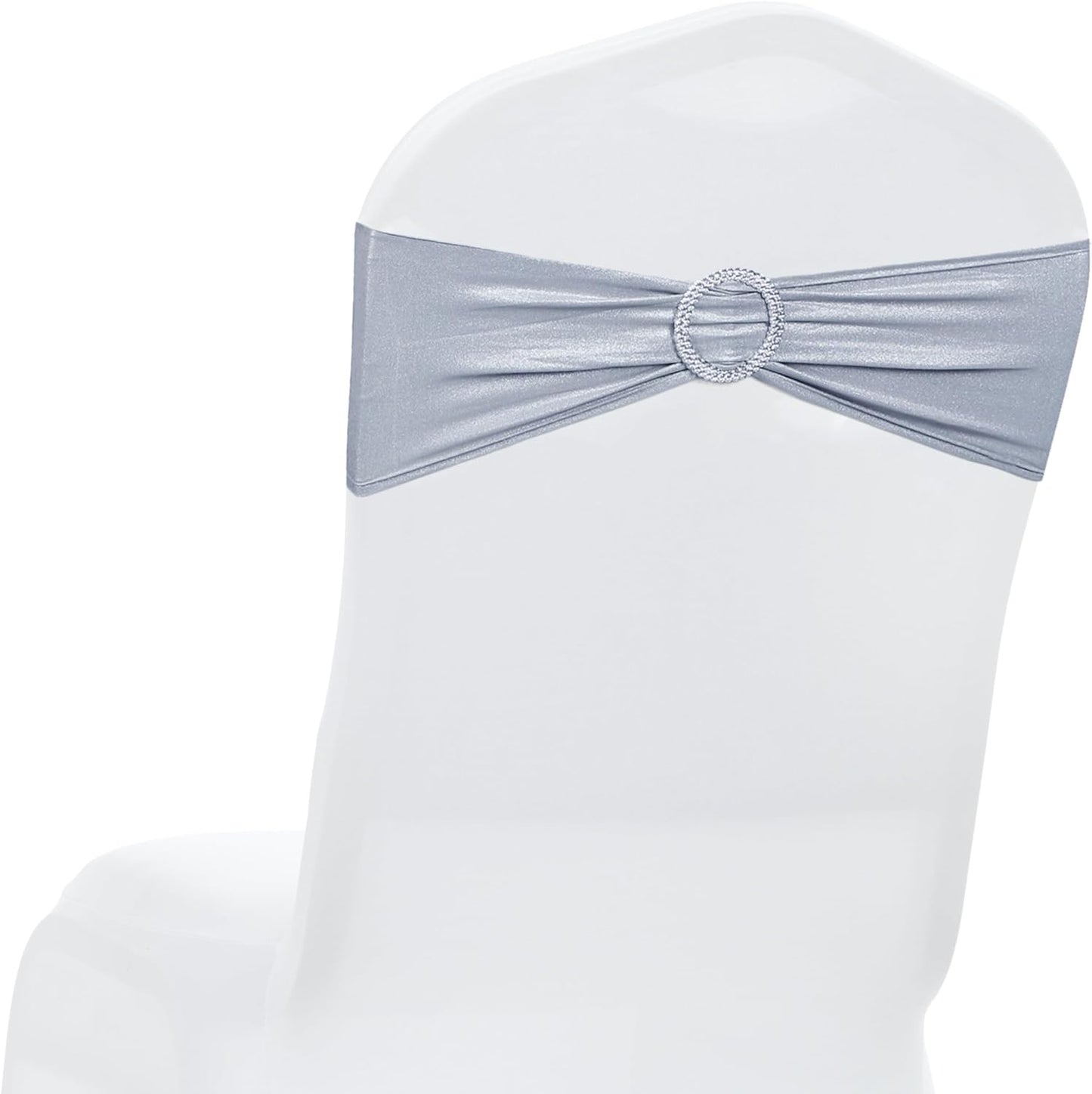 MDS Spandex Foil Chair Sashes - Universal Fit Elastic Stretch Bands with Buckle for Weddings | Metallic Silver - Pack of 10