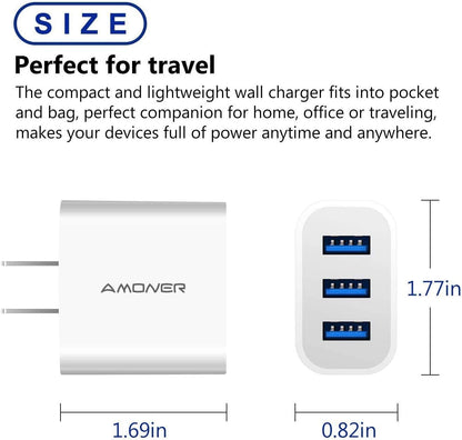 USB Wall Charger, Amoner 2Pack 15W 3-Port USB Charger Block iPhone Cube Charging Blocks for iPhone 14/13/12/11/X/XR/X/8/7/6, Galaxy, Android Phones and More