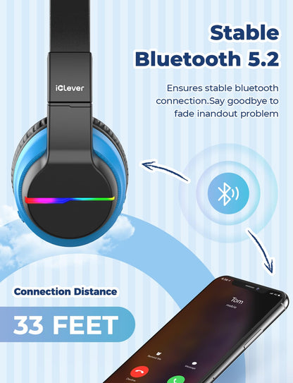 iClever BTH12 Kids Bluetooth Headphones 2 Pack,Colorful LED Lights,74/85dBA Safe Volume,85H Playtime,Bluetooth 5.2,Over Ear Kids Headphones Built-in Mic for iPad/Tablet/Airplane, Pink & Black