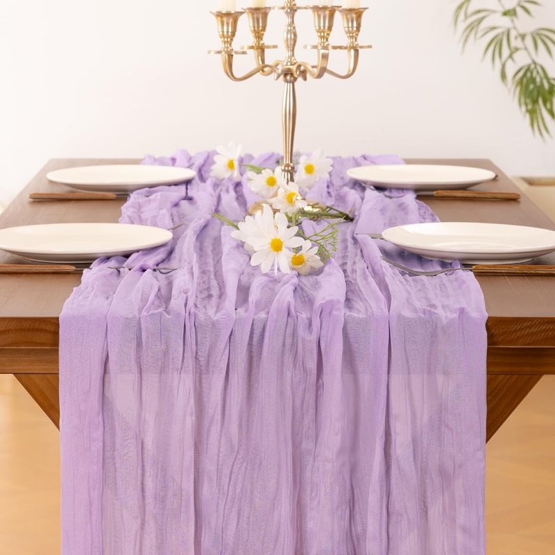 Socomi 3pcs Lilac Purple Lavender Cheesecloth Table Runner Summer Boho Rustic Gauze 120 inch 10FT Cheese Cloth Sheer Runner for Wedding Party Baby Shower Birthday Home Decor Holiday Decorations