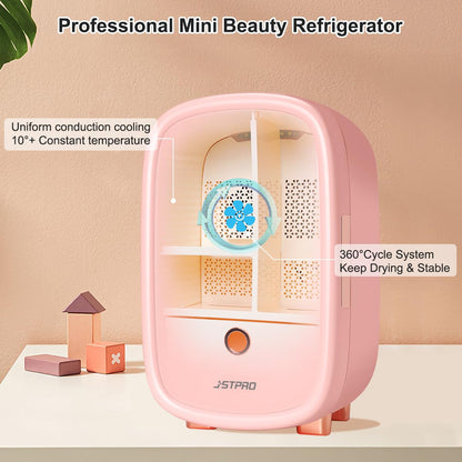 JSTPRO Skincare Fridge, 6L Pink Makeup Fridge with Dimmable LED Light Mirror, Portable for Bedroom, Car, Office & Dorm