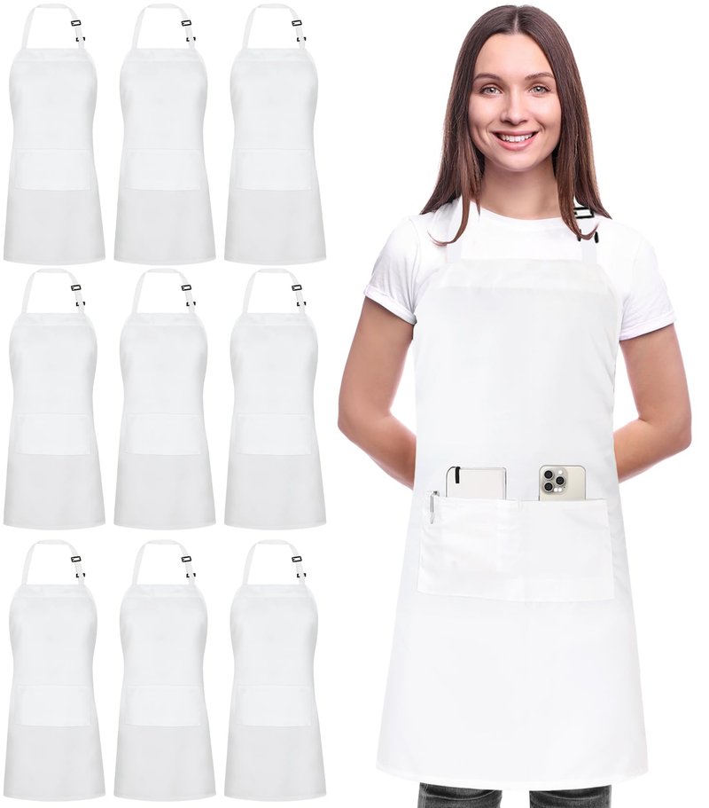 Utopia Kitchen 10 Pack Bib Apron, Unisex Adjustable Aprons with 2 Pockets, Waterdrop Resistant Cooking Kitchen Chef Apron for Men Women