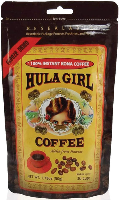 KONA COFFEE 100% - Premium Freeze Dried Instant - Low Acid - Medium Roast Arabica, 1.5oz (1 Pack | 25 Servings) KONA COFFEE 100% - Low Acid Coffee - Servings) Hula Girl the Store