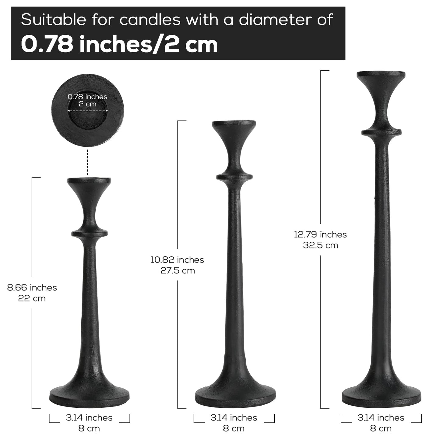 Black Taper Candle Holders Set of 3 Heavy Cast Iron Black Candlestick Holder for Table Centerpiece Modern Decorative Tapered Candle Stand Tall Set for Home Decor Fireplace Wedding Halloween Christmas