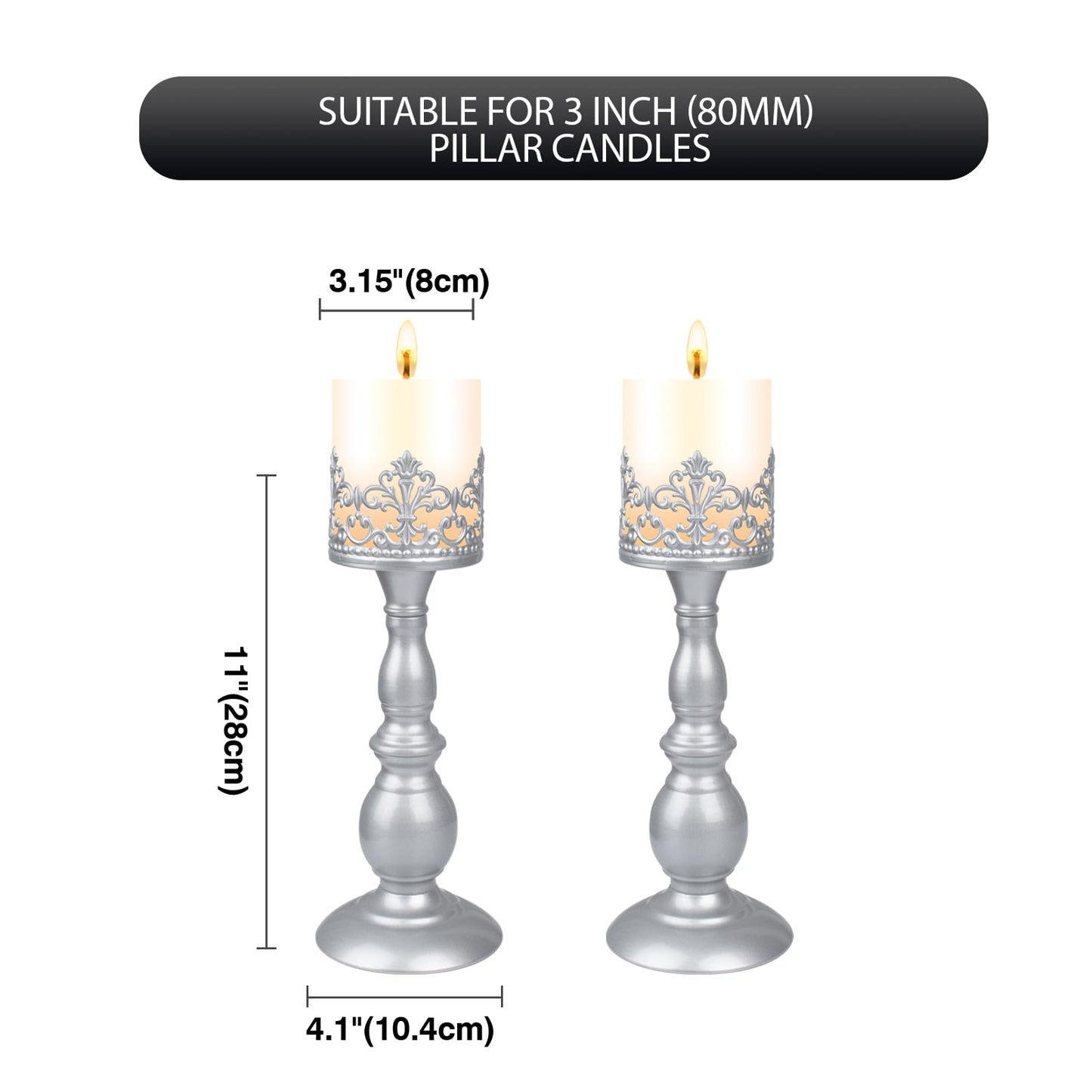 Candle Holders for Pillar Candles Gothic Matte Pearl Silver Tall Candle Holders Set of 2 Decorative Large Table Centerpieces Candle Stand Decor (Pearl Silver 2PCS A)