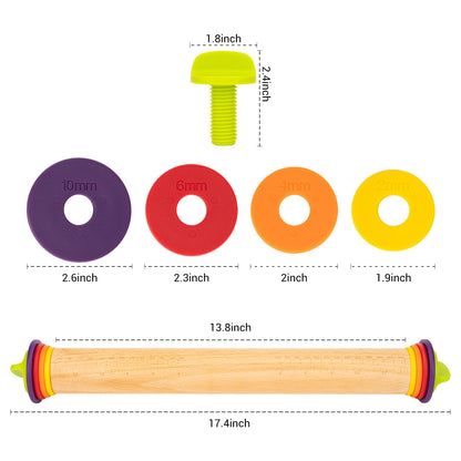 Adjustable Rolling Pin with Thickness Rings, Wooden Dough Roller & 12 Stainless Steel Cookie Cutters Set – 5-in-1 Baking Kit for Pizza, Fondant, Pie, Cookies, Pastry, 17" Non-Stick Wood