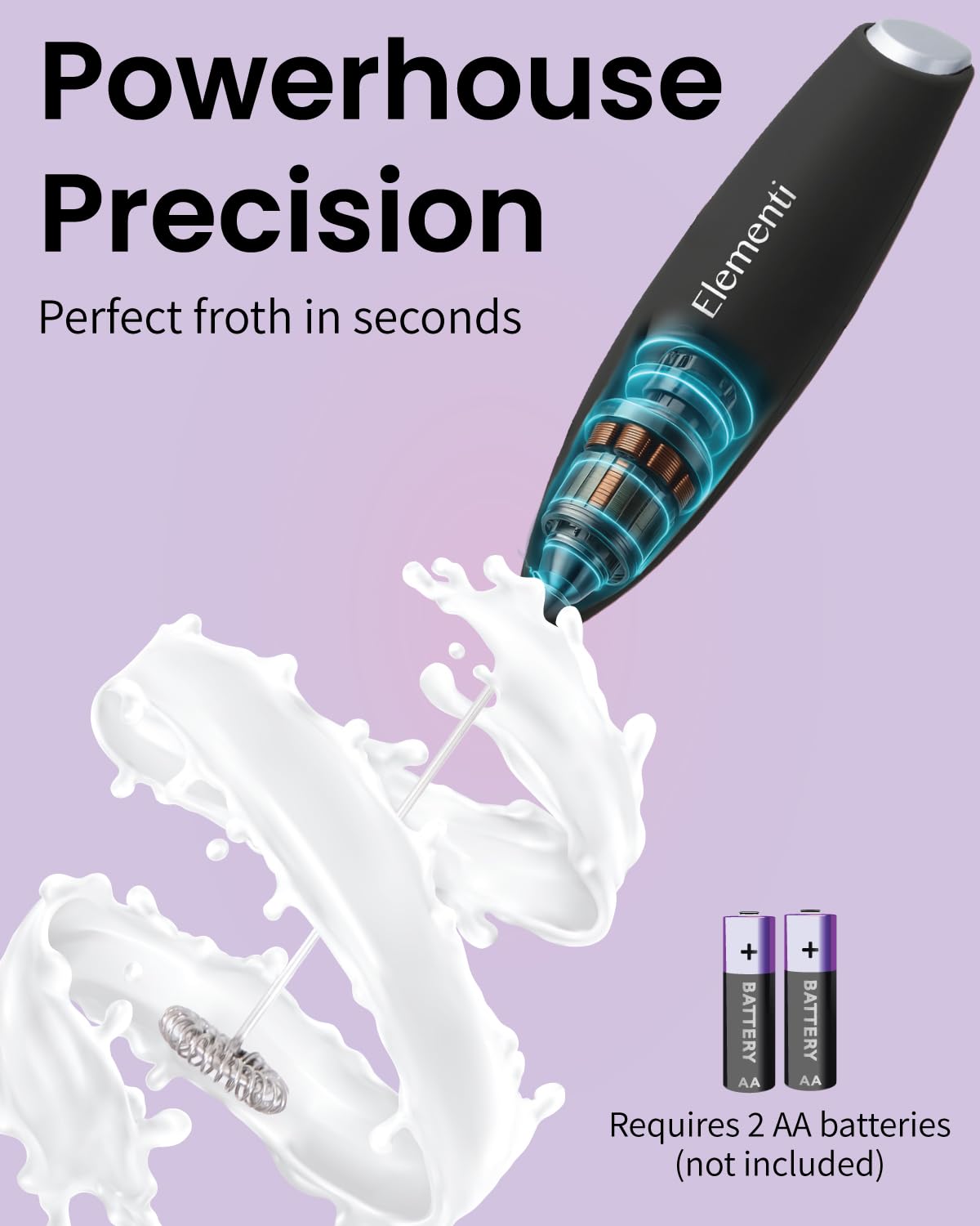 Elementi Drink Mixer Handheld - Electric Stirrer and Powerful Protein Powder Mixer Wand, Easy-to-Use Mini Frother Wand for Quick Delicious Cocktails, Milk Frother and Coffee Stirrers (Black)