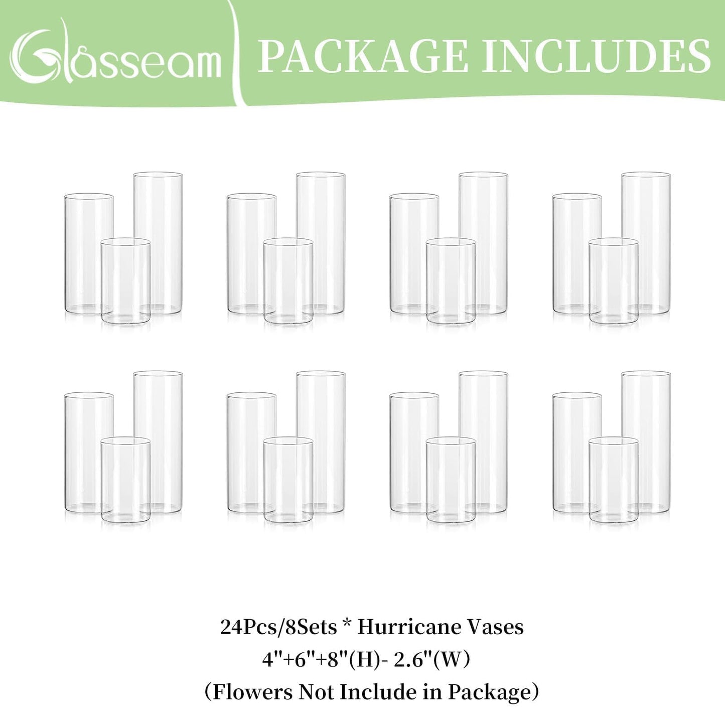 Glasseam Clear Cylinder Vases Set, 24Pcs Glass Vases for Centerpieces Bulk, Modern 2" Floating Candle Centerpieces for Decor, Hurricane Candle Holders for Wedding Table Decorations, Tall 4"+6"+8"