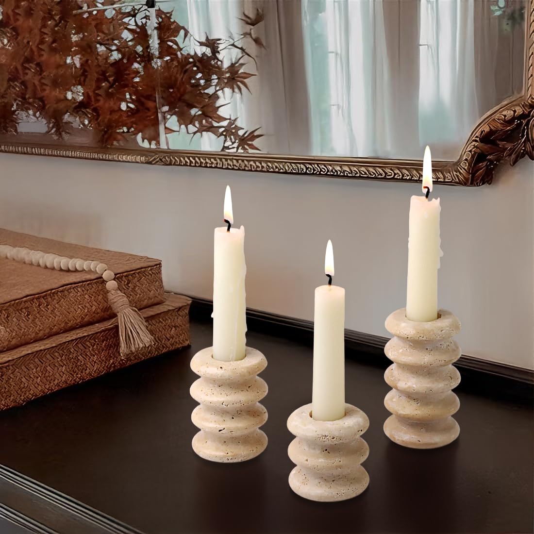 Vixdonos Natural Stone Candle Holder Set of 3 Taper Candle Candlestick Mantle Candle Stand for Home Decor,Wedding,Party and Table Centerpieces(White)