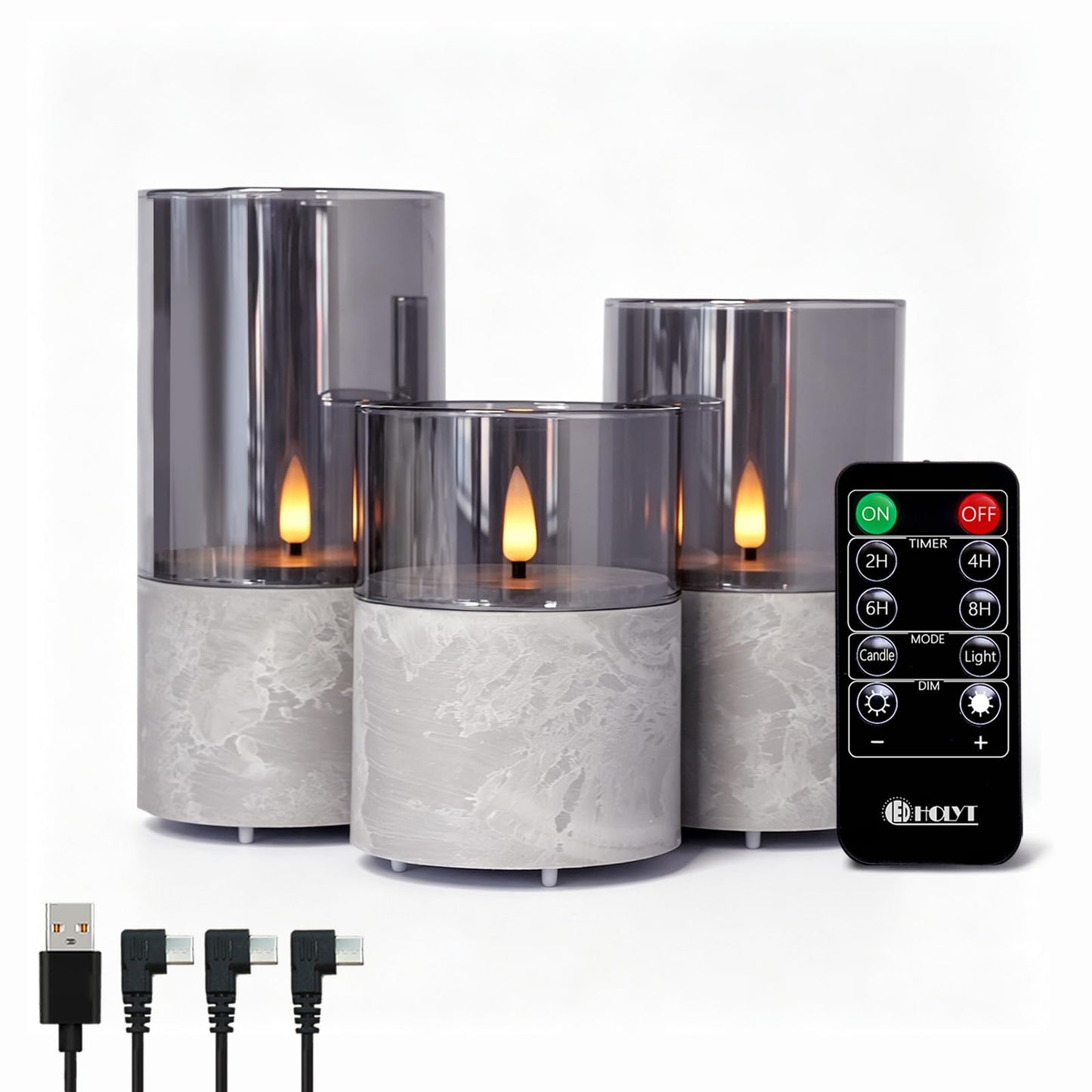 LEDHOLYT Rechargeable Marble Flameless Candles, Gray Glass LED Pillar Candle with Remote & Timer,Decorative Candles for Living Room, Bedroom, Holiday Décor & Gifts for Women,Set of 3