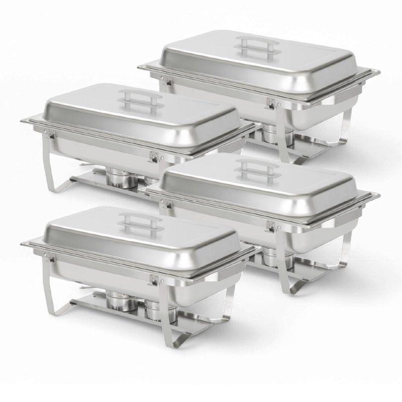 Alpha Living 4 Pack Chafing Dish Full Set – Stainless Steel Catering Chafer with Lids, Pans & Fuel Holders – Buffet Food Warmers for Parties, Events & Weddings – Alpine Gray Handles