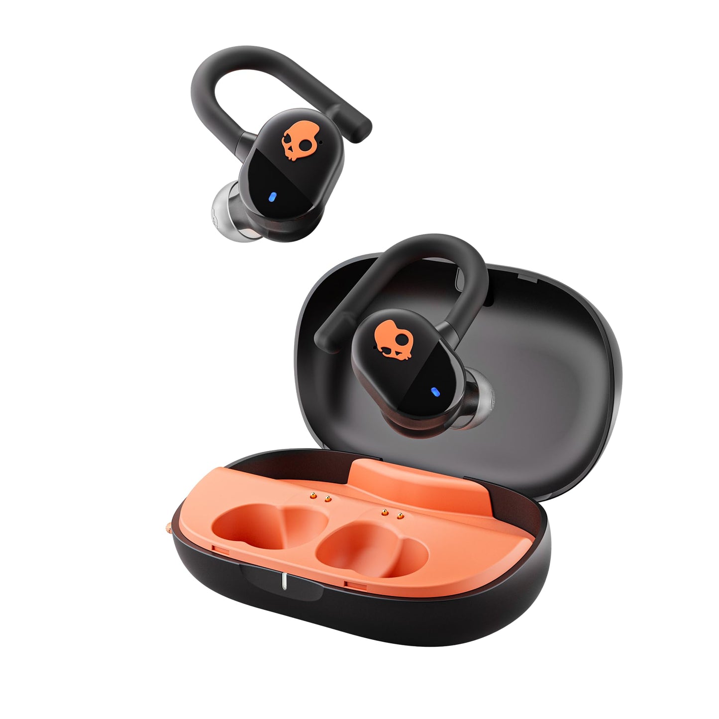 Skullcandy Push Play Active Wireless Earbuds, Bluetooth Headphones, Noise Isolating Fit, 34 Hrs Battery, Secure-Fit Over-Ear Hanger, Sweat Water Resistant, Microphone for iPhone Android - Black/Orange